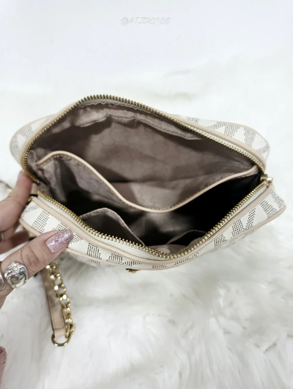 Michael Kors Beige Cream MK Monogram Crossbody Bag Gold Chain Purse